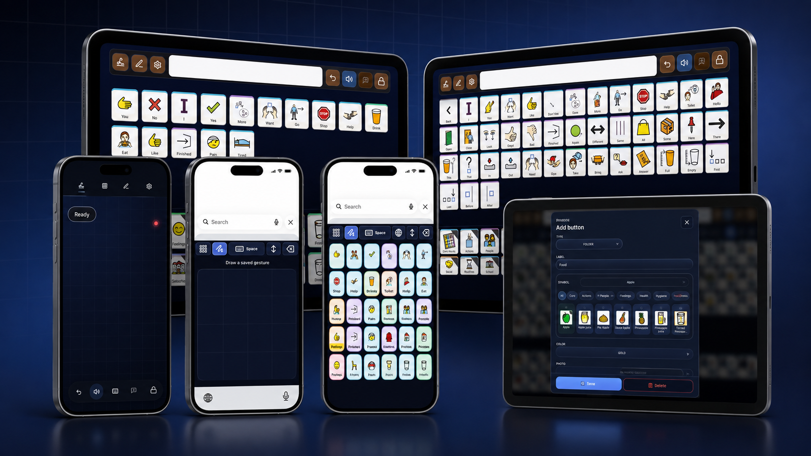 ETalken shown on phones and tablets with boards, gestures, keyboard, and customization